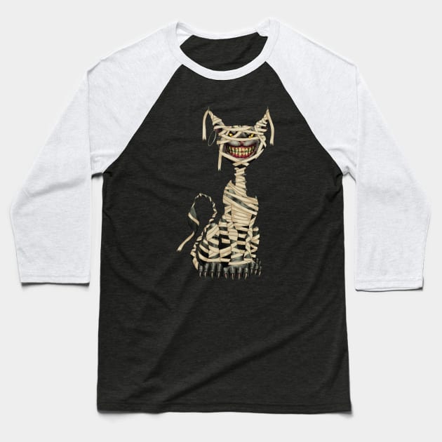 Black Cat Mummy Halloween Baseball T-Shirt by ChristianCrecenzio